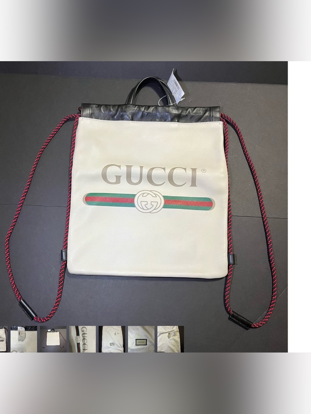 Gucci White Leather Drawstring Backpack with Green-Red Web Stripe Unisex